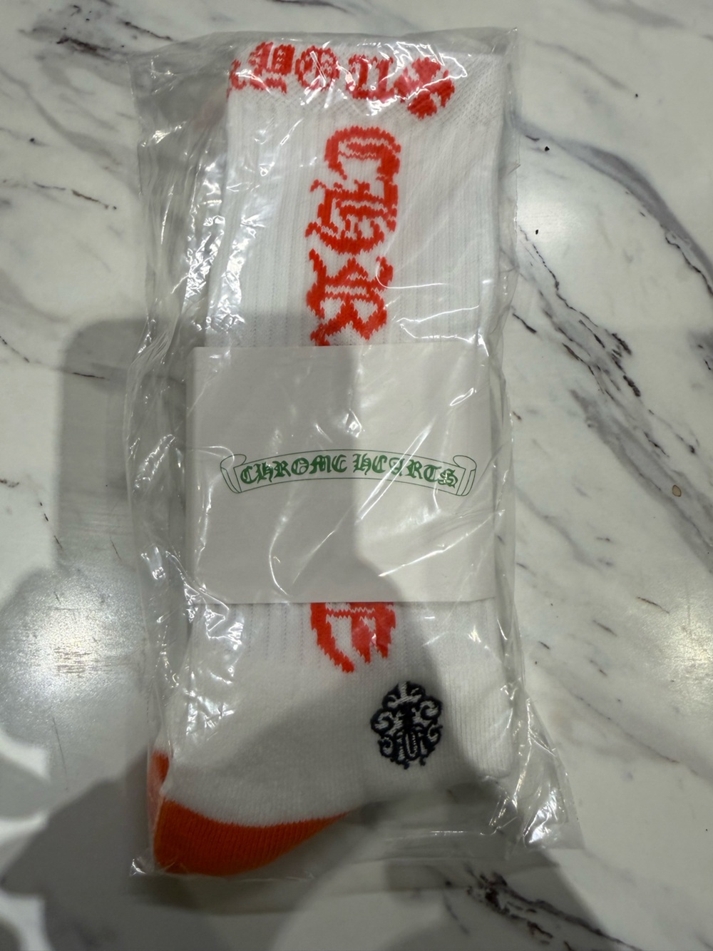 Chrome Hearts White Crew Socks with Orange Graphic Accent